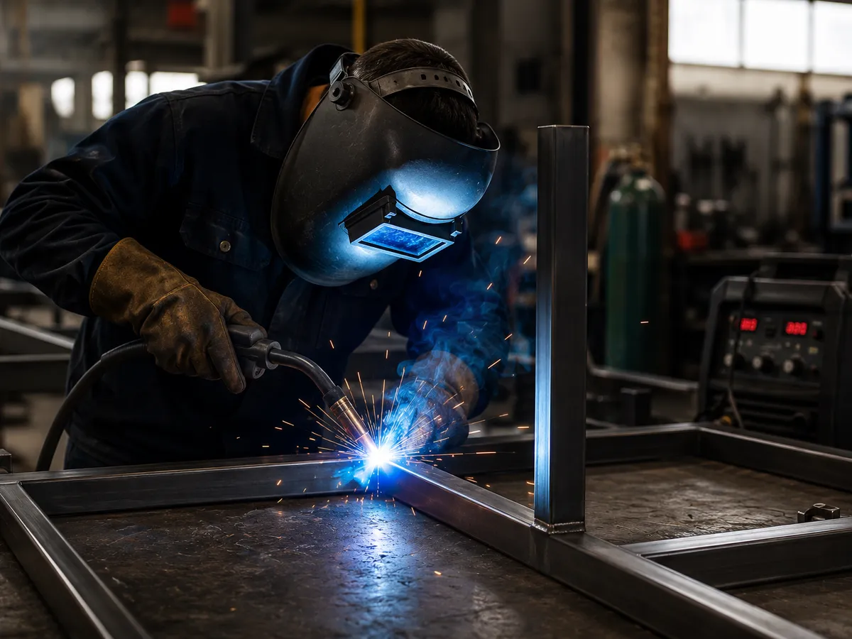 Soldadura MIG/TIG profesional sobre acero con arco eléctrico y chispas (imagen referencial)
